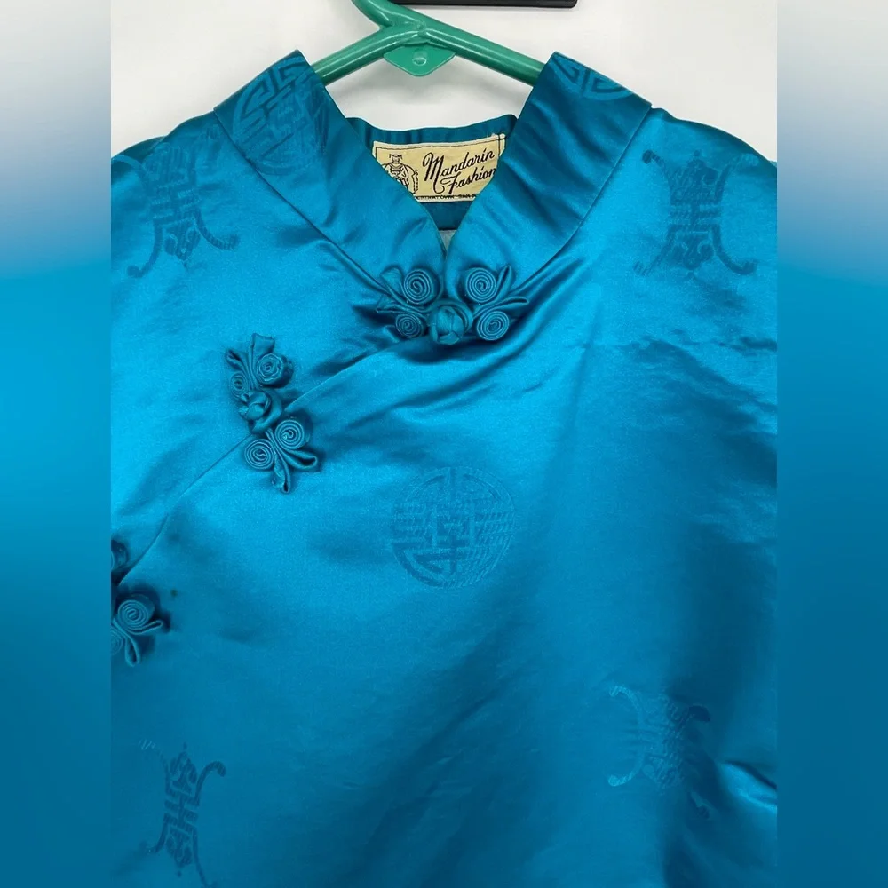 VTG 1960s Mandarin Fashions Aqua Blue Maxi Length Mid Century Cheongsam Dress - Picture 8 of 14